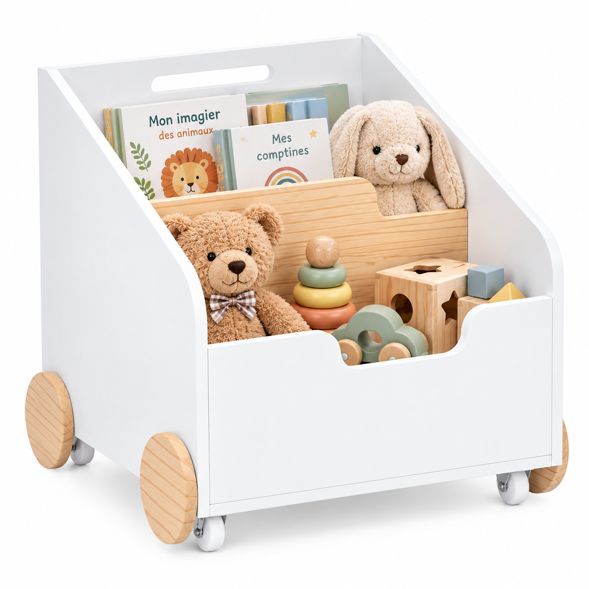 Bac de rangement enfant sur roulettes blanc et bois naturel avec jouets et livres Image