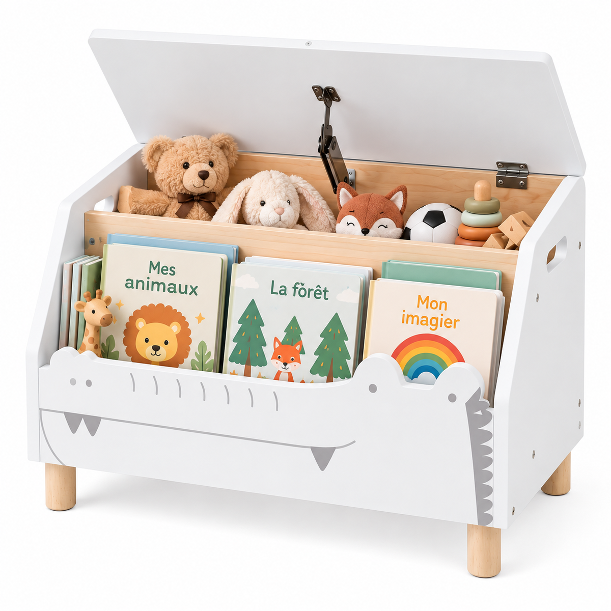 Coffre bibliothèque enfant blanc et bois avec livres, peluches et jouets sur fond blanc Image