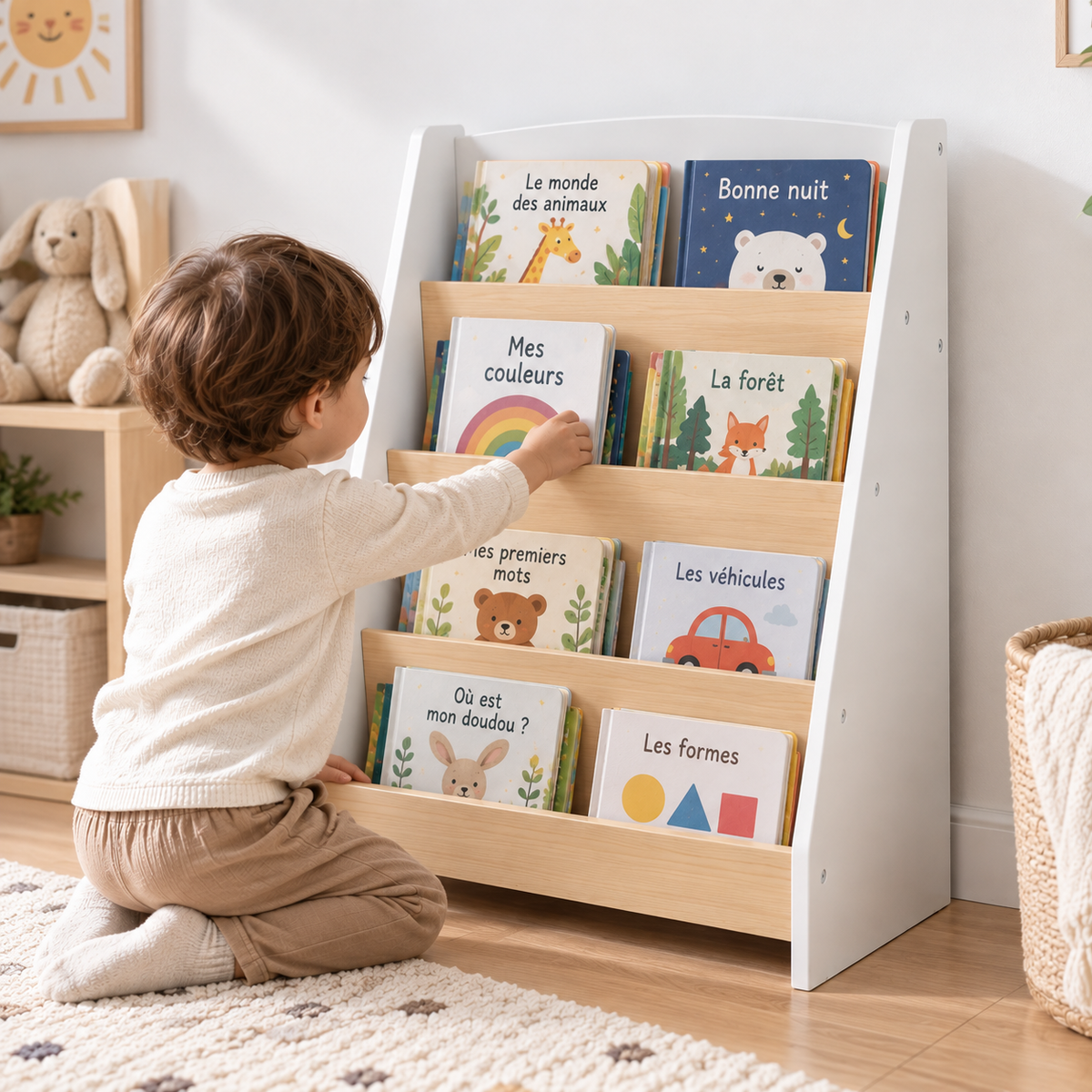 Enfant utilisant une bibliothèque enfant à 4 niveaux blanche et aspect bois naturel