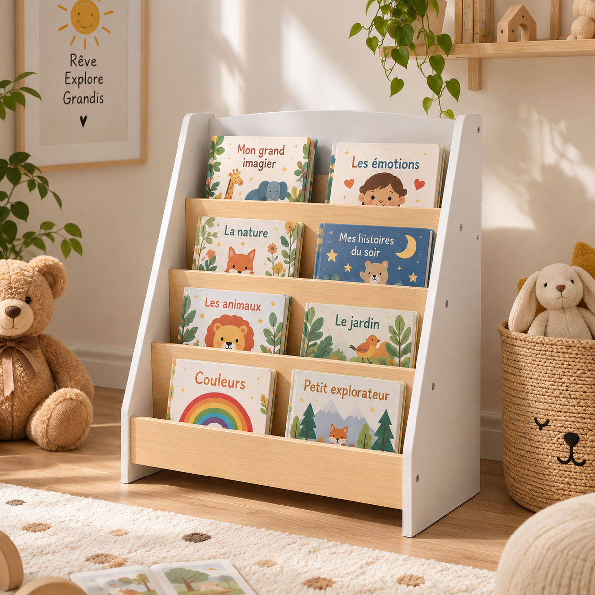 Bibliothèque enfant à 4 niveaux blanche et aspect bois naturel dans une chambre décorée