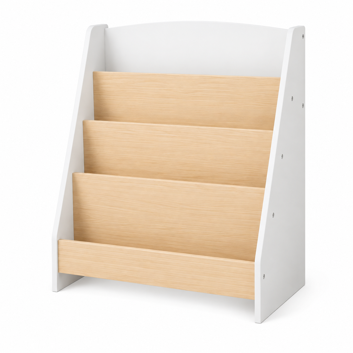 Bibliothèque enfant à 4 niveaux blanche et aspect bois naturel