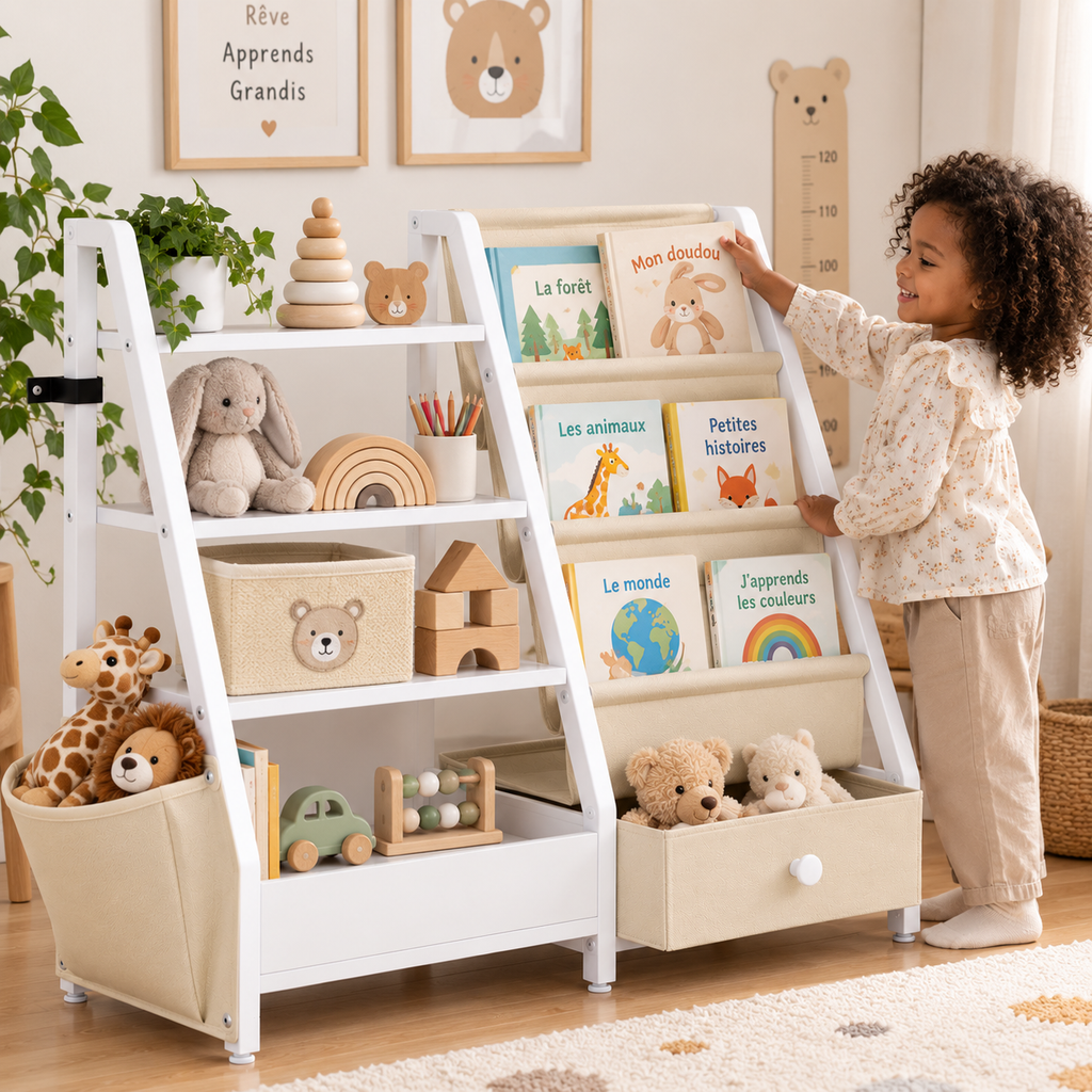 Enfant rangeant un livre dans une bibliothèque avec rangements pour livres et jouets
