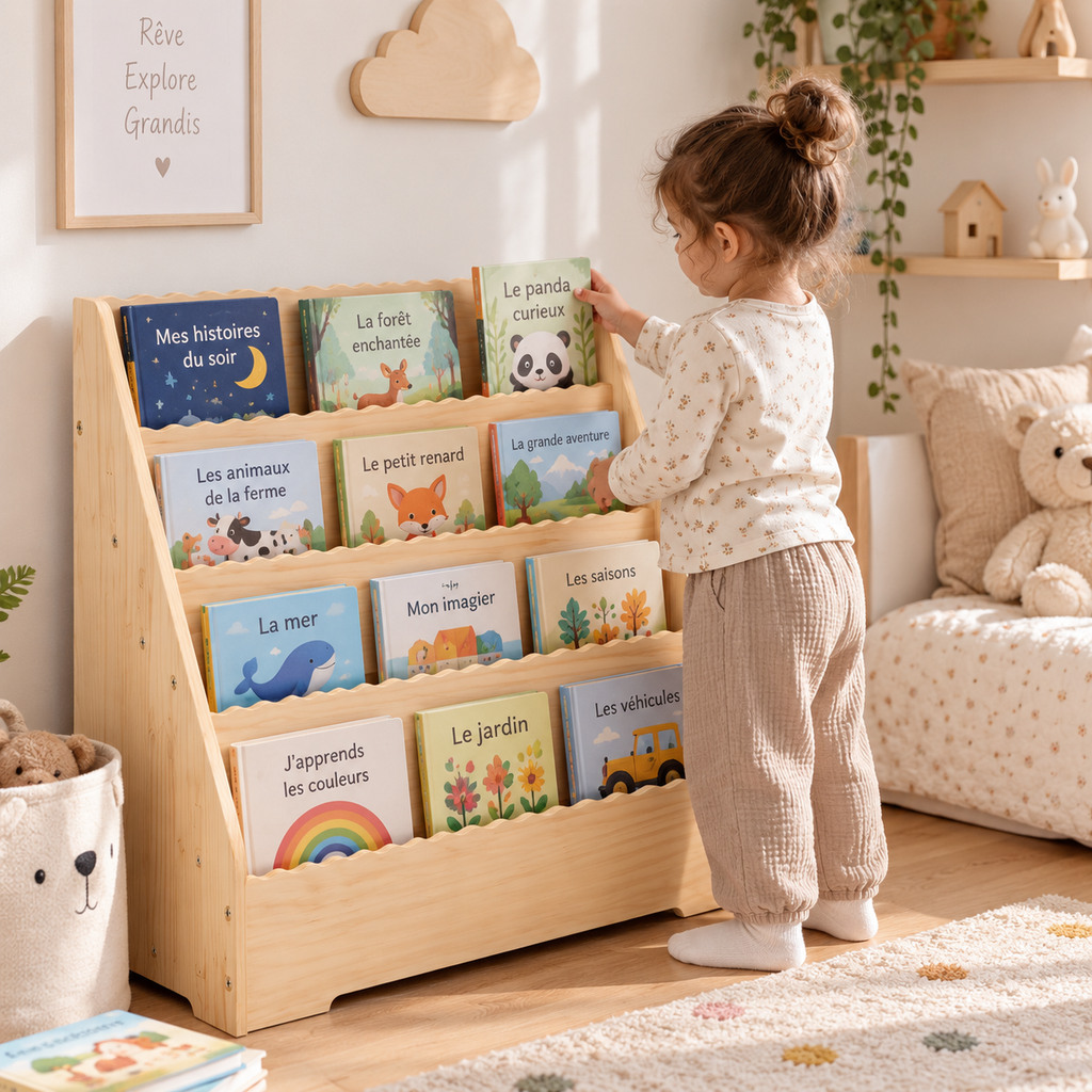 Enfant choisissant un livre dans une bibliothèque en bois naturel à 5 niveaux