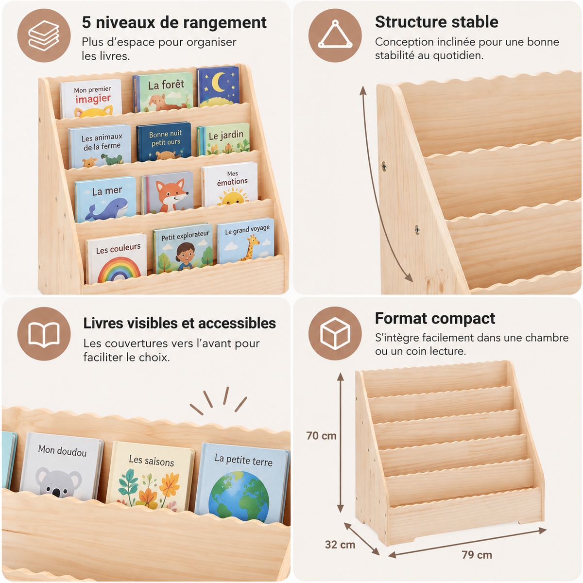 Bibliothèque enfant en bois naturel à 5 niveaux avec présentation de ses principales caractéristiques