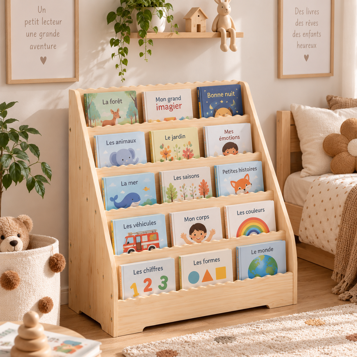 Bibliothèque enfant en bois naturel à 5 niveaux dans une chambre décorée