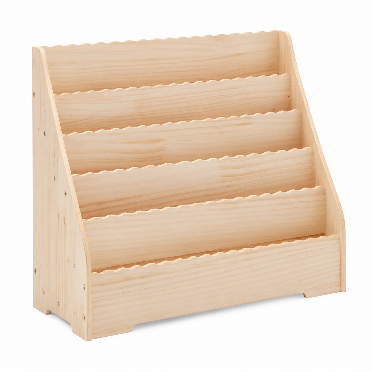Bibliothèque enfant en bois naturel à 5 niveaux sur fond blanc
