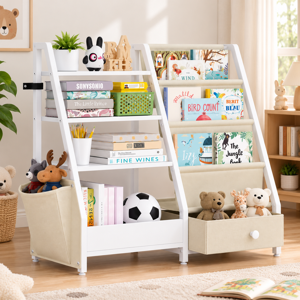 Bibliothèque enfant avec rangements pour livres et jouets dans une chambre