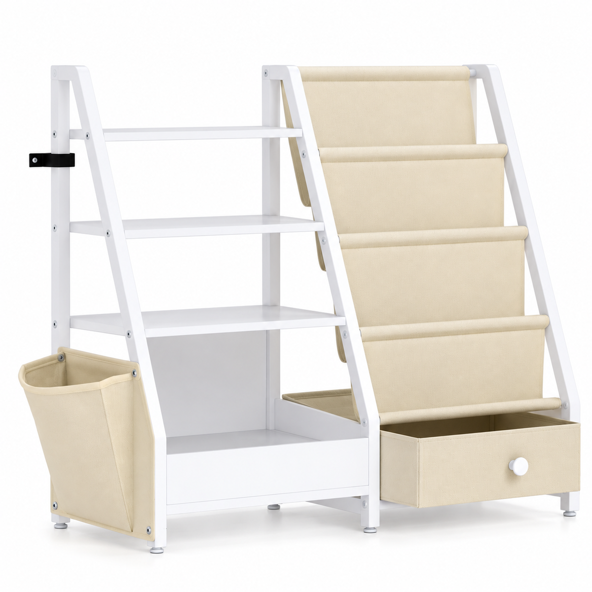 Bibliothèque enfant blanche et beige avec étagères, rangements en tissu et bac coulissant