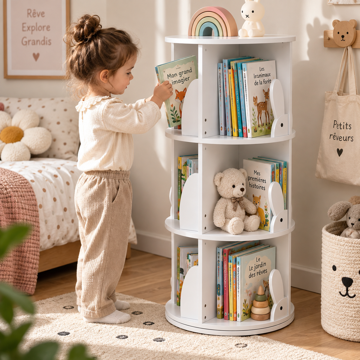 Enfant choisissant un livre dans une bibliothèque blanche rotative à 360° avec 3 niveaux