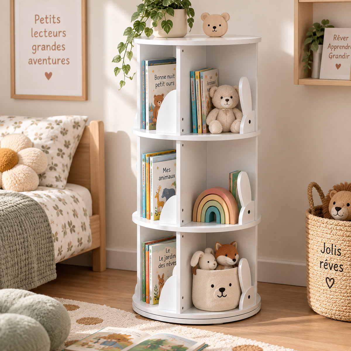 Bibliothèque enfant blanche rotative à 360° avec 3 niveaux dans une chambre décorée