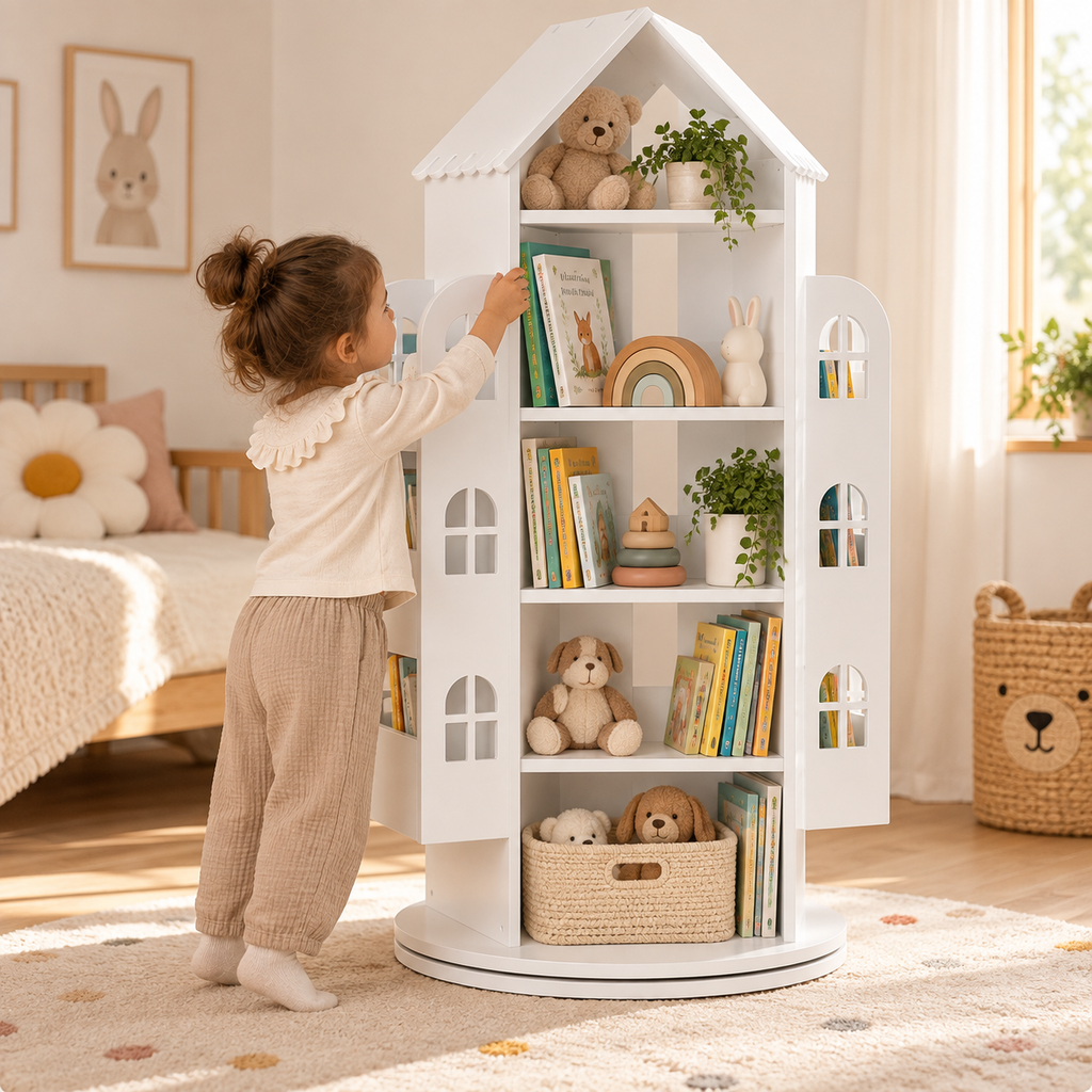 Enfant choisissant un livre dans une bibliothèque blanche rotative à 360° en forme de maison