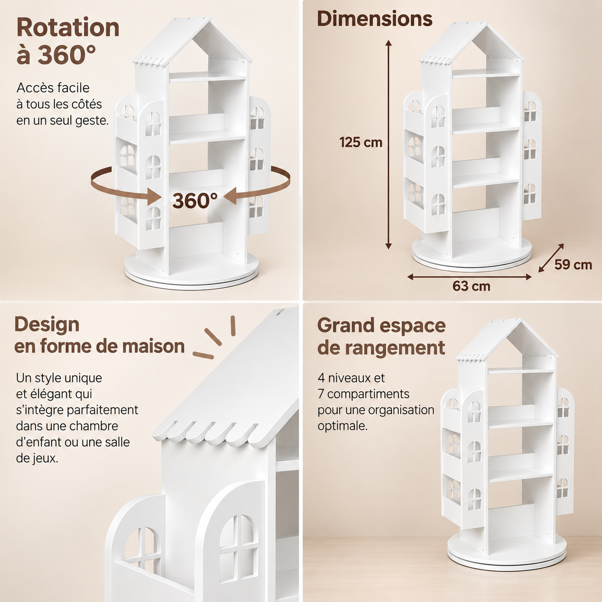 Bibliothèque enfant rotative à 360° en forme de maison avec dimensions et principales caractéristiques