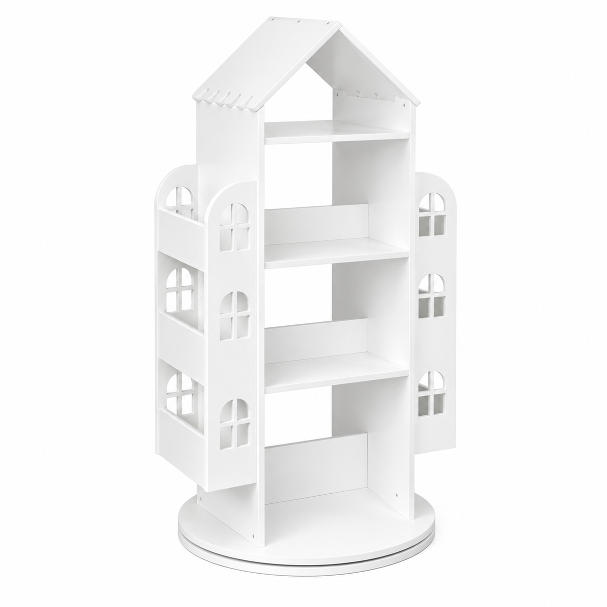 Bibliothèque enfant blanche rotative à 360° en forme de maison avec 4 niveaux