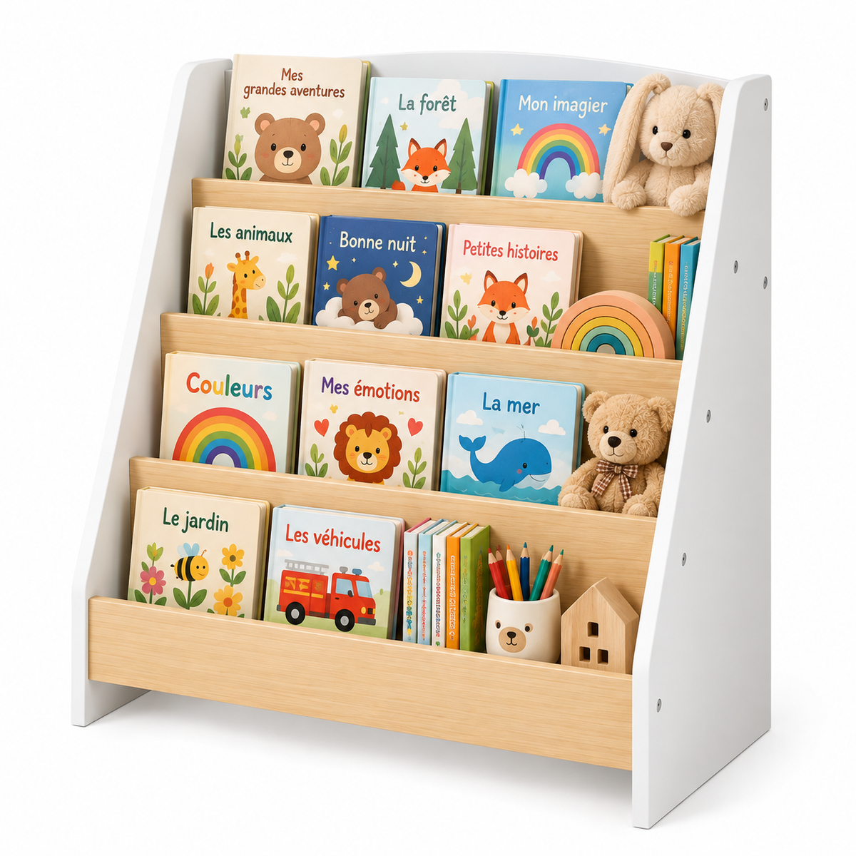 Bibliothèque enfant blanche et bois naturel avec livres, peluches et accessoires sur fond blanc