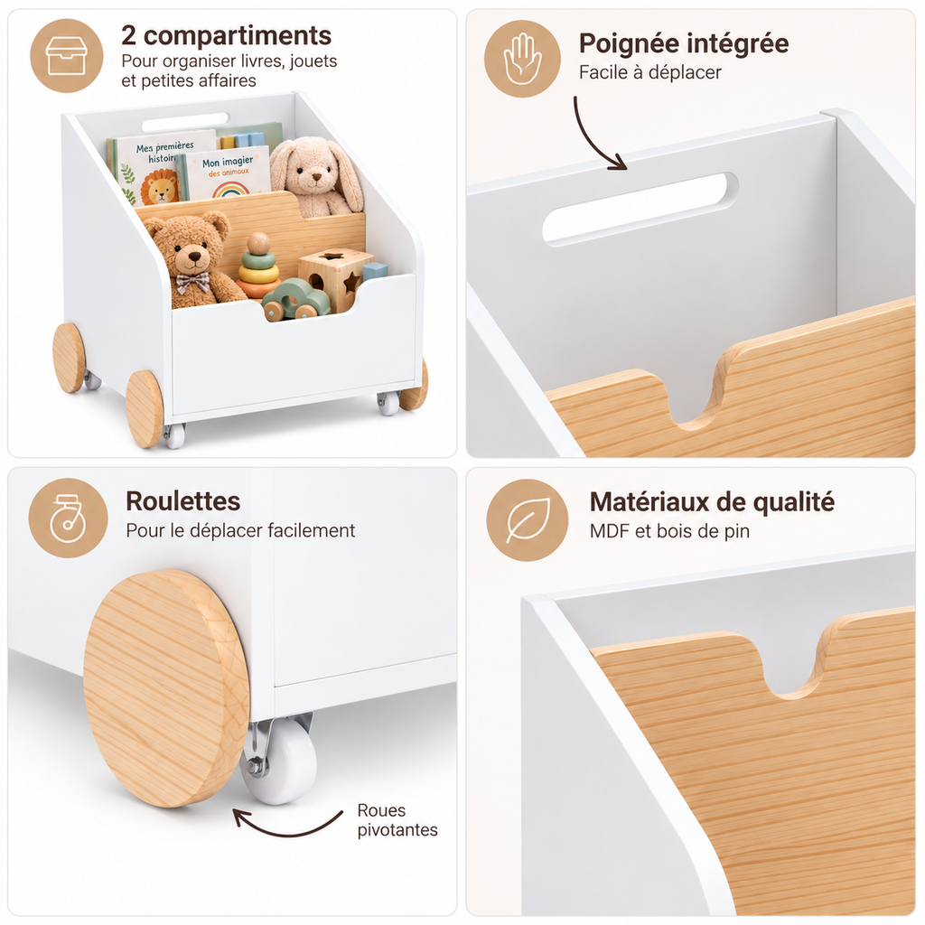 Caractéristiques du bac de rangement enfant avec deux compartiments, poignée intégrée et roulettes