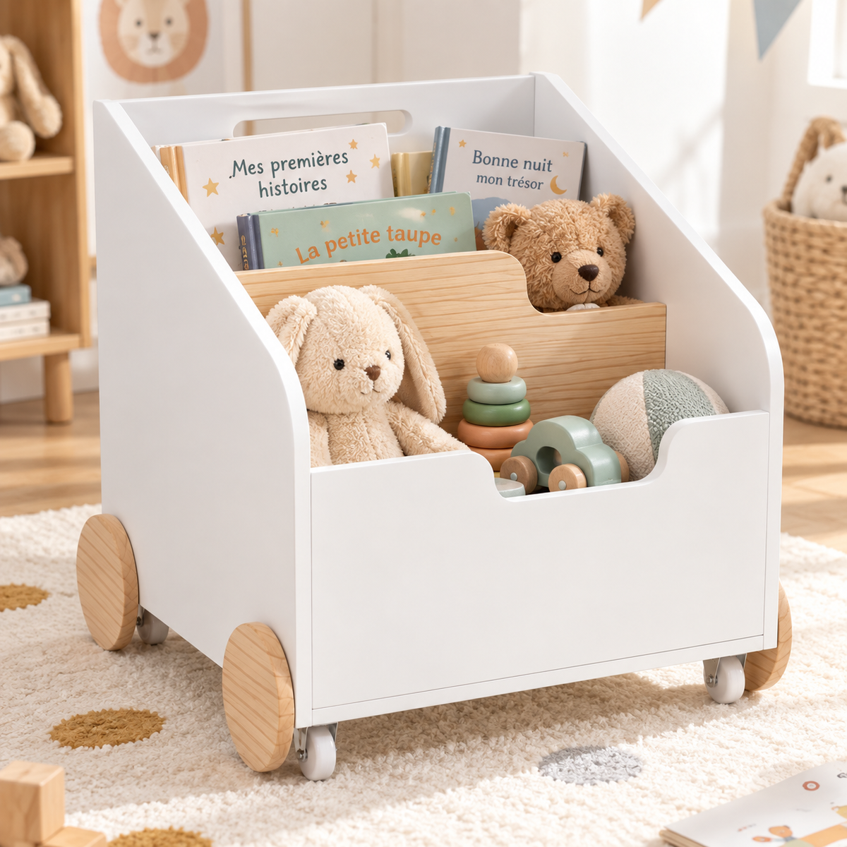 Bac de rangement enfant sur roulettes avec livres et jouets