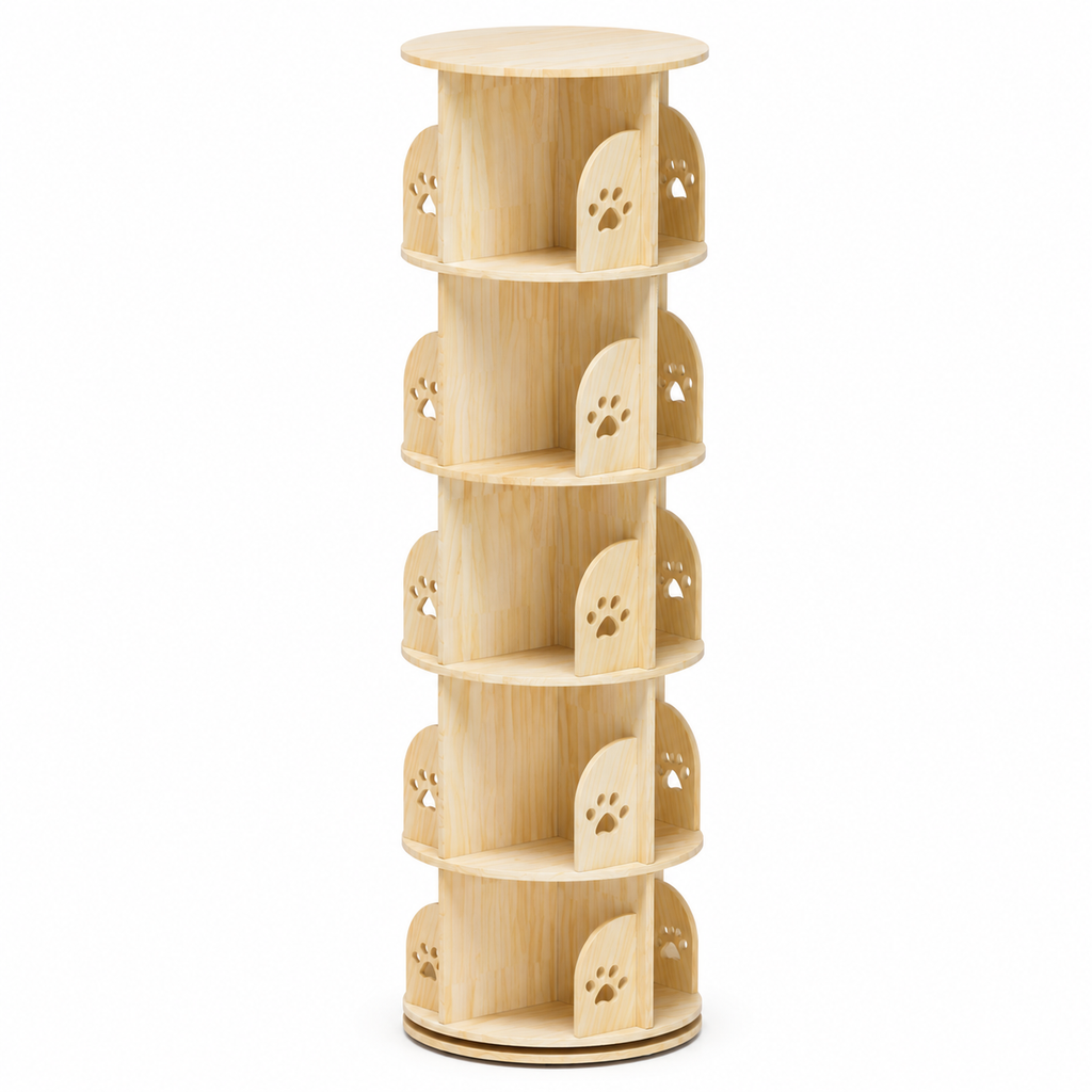 Bibliothèque enfant rotative à 360° en bois naturel avec 5 niveaux de rangement et motifs empreintes