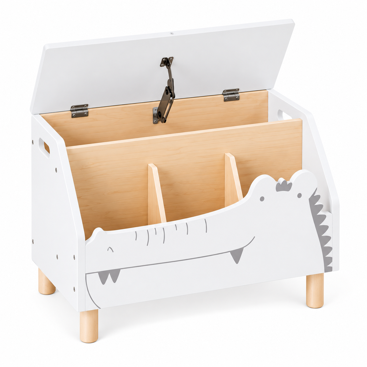 Coffre de rangement enfant blanc et bois avec compartiment pour livres et couvercle ouvert sur fond blanc