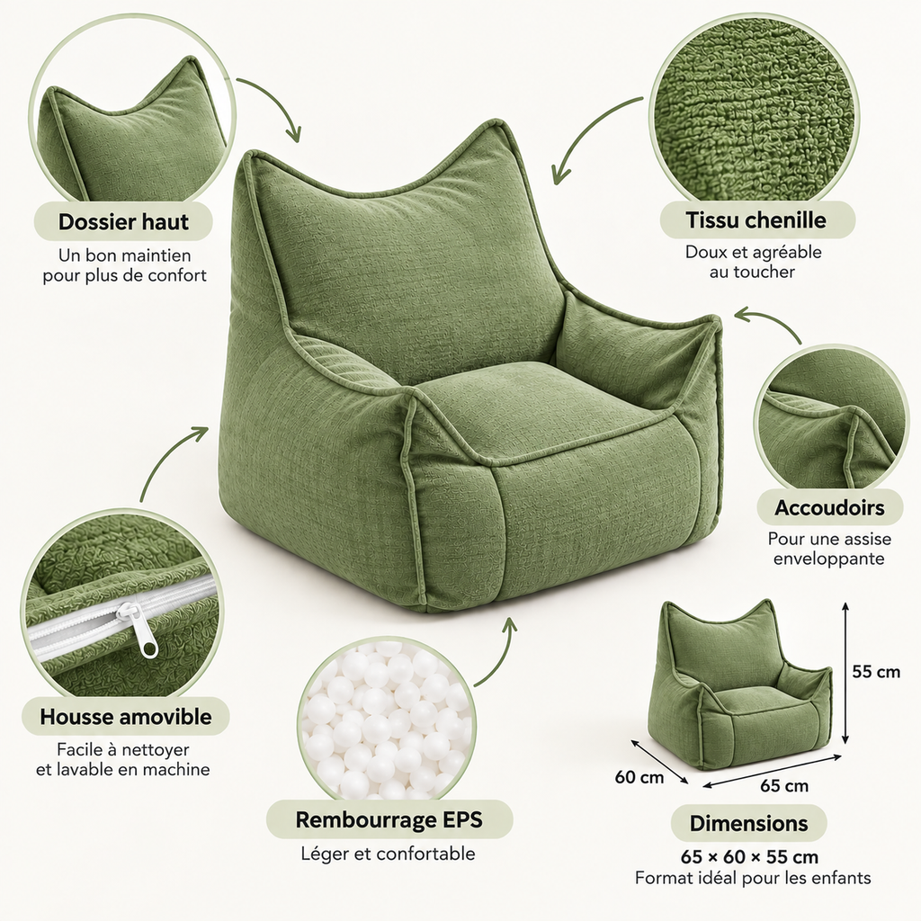 Caractéristiques du fauteuil enfant Cocoon vert sauge en tissu chenille avec dossier haut, accoudoirs, housse amovible et rembourrage EPS