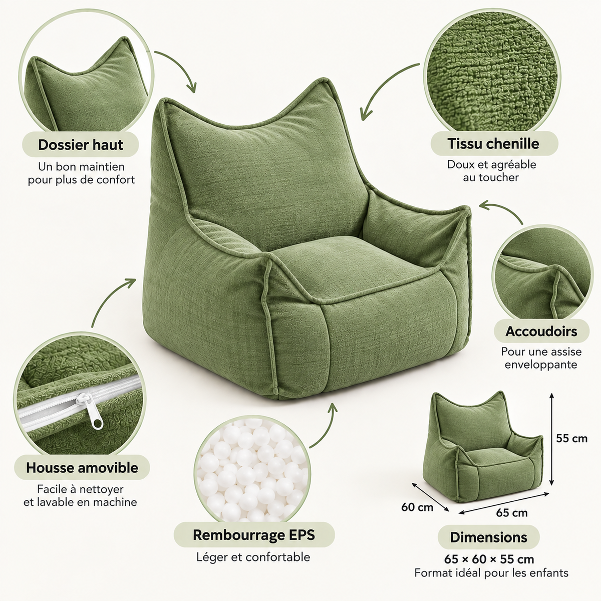 Caractéristiques du fauteuil enfant Cocoon vert sauge en tissu chenille avec dossier haut, accoudoirs, housse amovible et rembourrage EPS