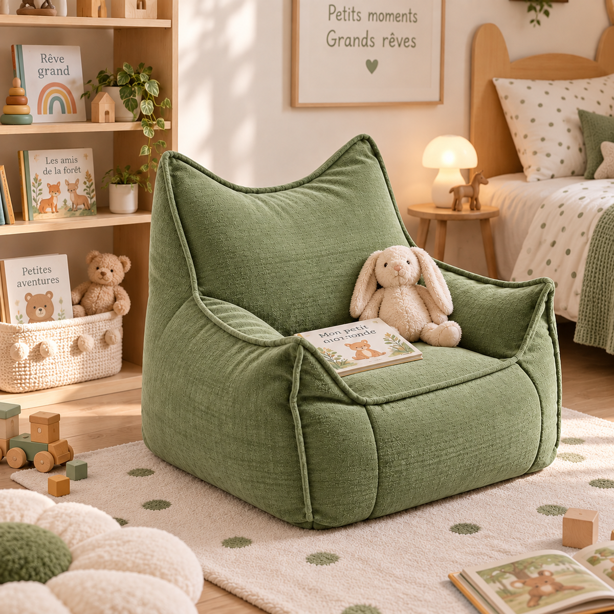 Fauteuil enfant Cocoon vert sauge installé dans une chambre d’enfant avec livres et peluche