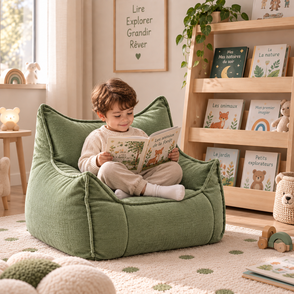 Enfant lisant un livre confortablement installé dans le fauteuil Cocoon vert sauge dans un coin lecture
