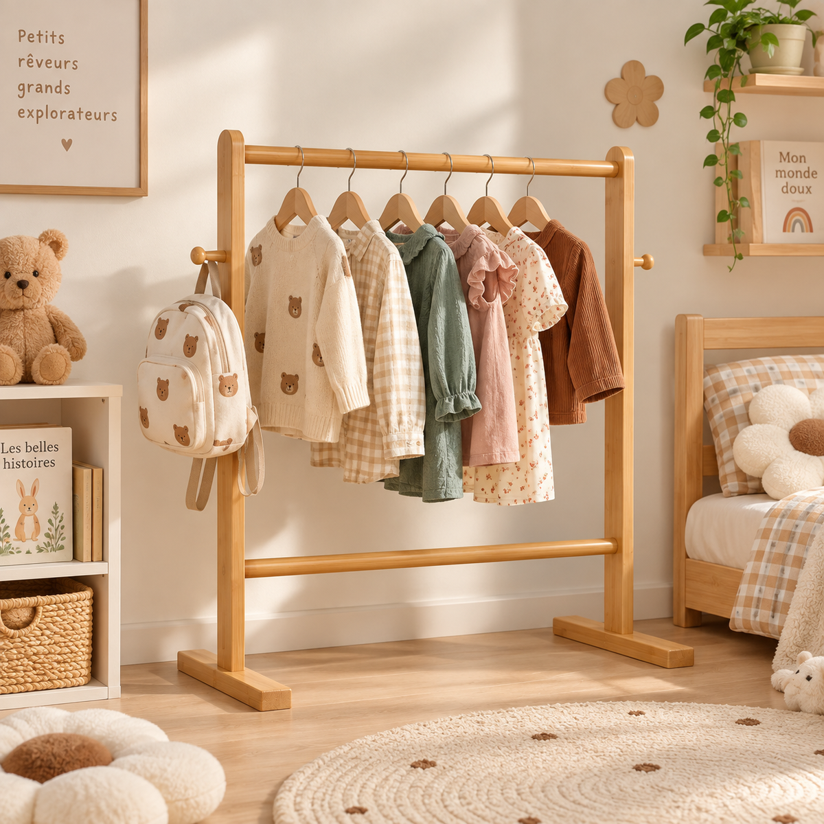 Penderie Montessori enfant en bambou 80 cm installée dans une chambre avec vêtements et sac à dos