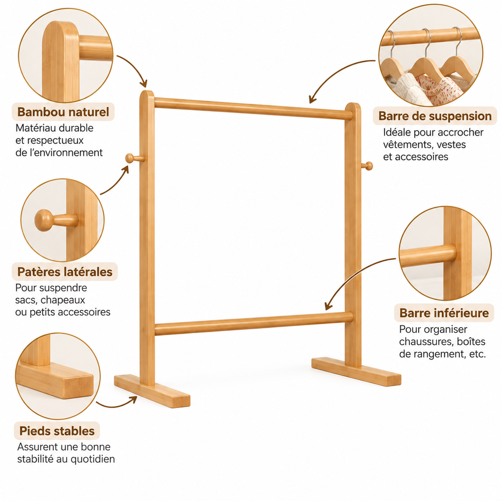 Caractéristiques de la penderie Montessori enfant en bambou naturel avec barre de suspension, patères latérales et pieds stables