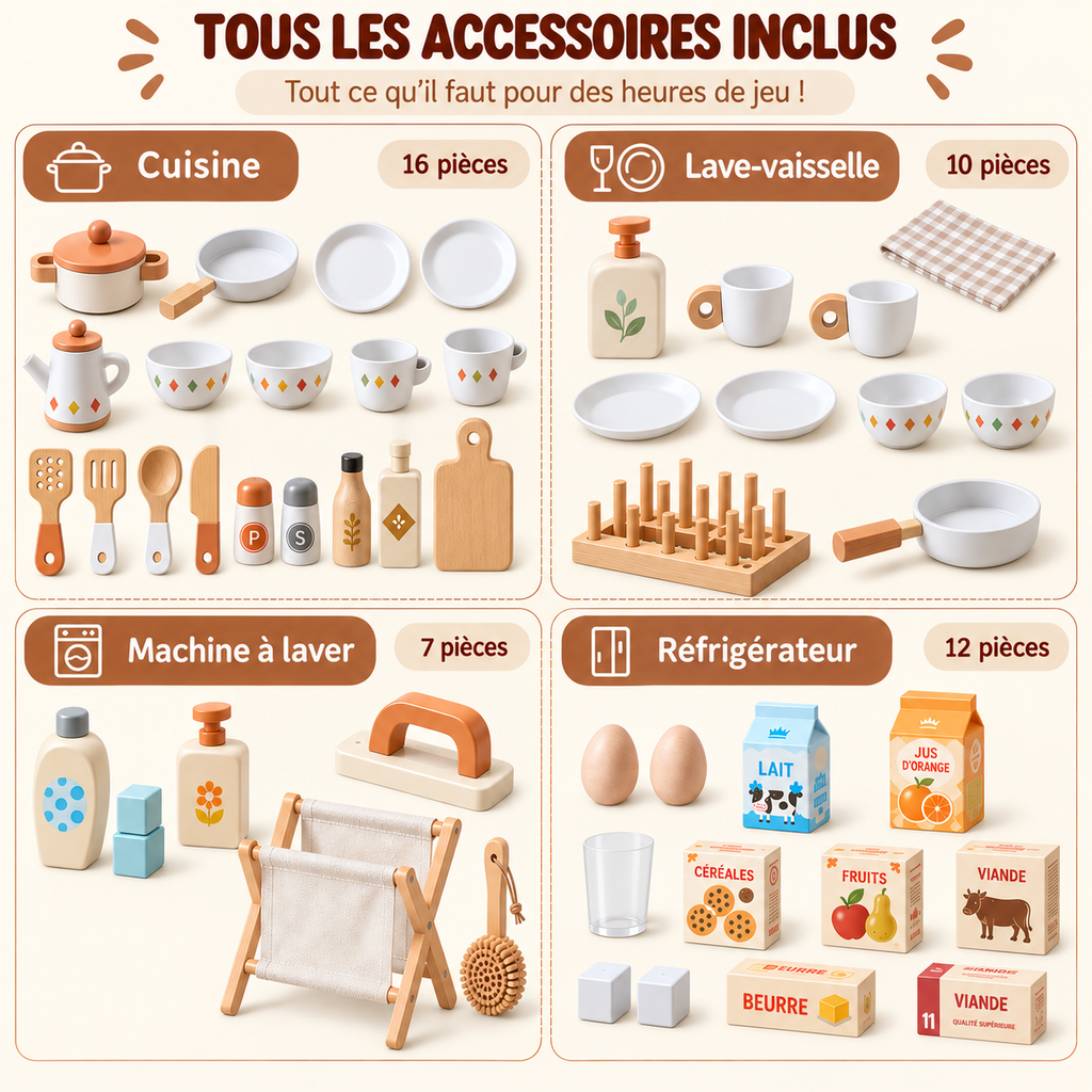 Accessoires inclus pour cuisine enfant caramel : cuisine, lave-vaisselle, machine à laver et réfrigérateur.