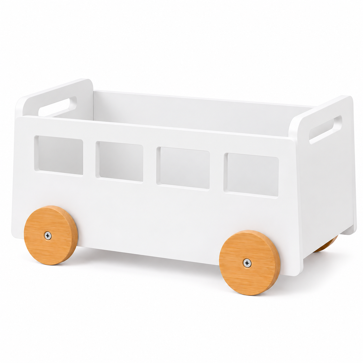 Bac de rangement enfant blanc avec quatre roulettes en bambou sur fond blanc