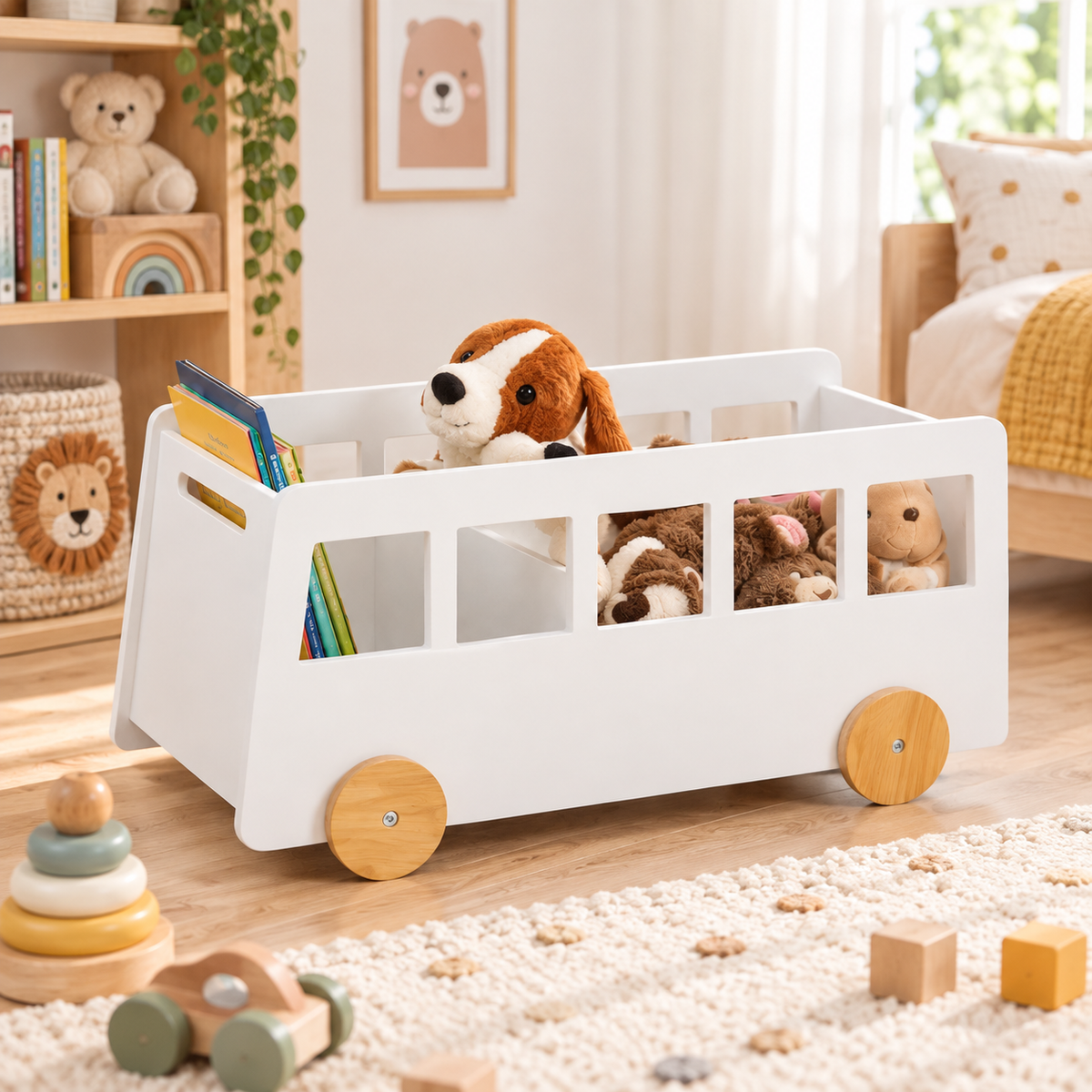 Bac de rangement enfant blanc à roulettes avec livres et peluches dans une chambre