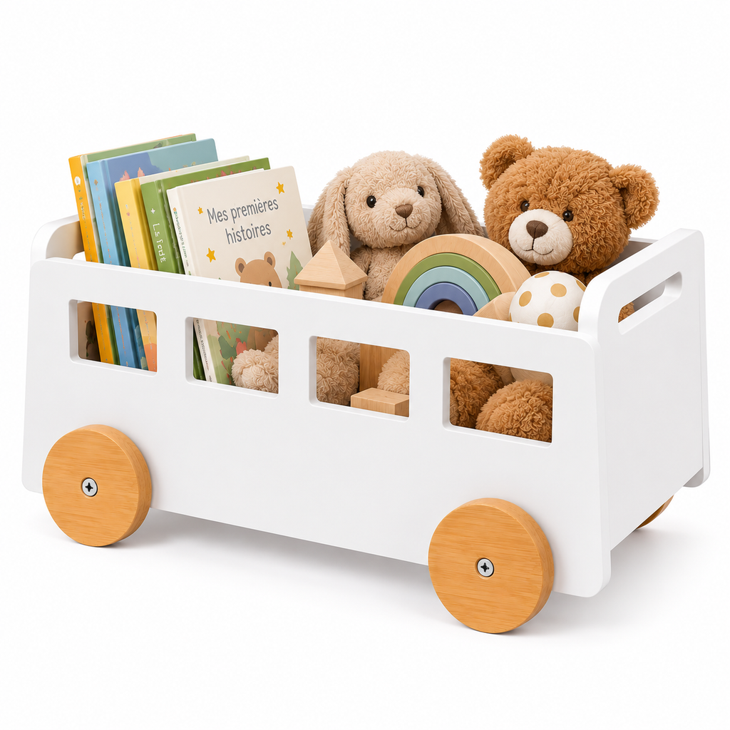 Bac de rangement enfant blanc sur roulettes en bambou avec livres, peluches et jouets