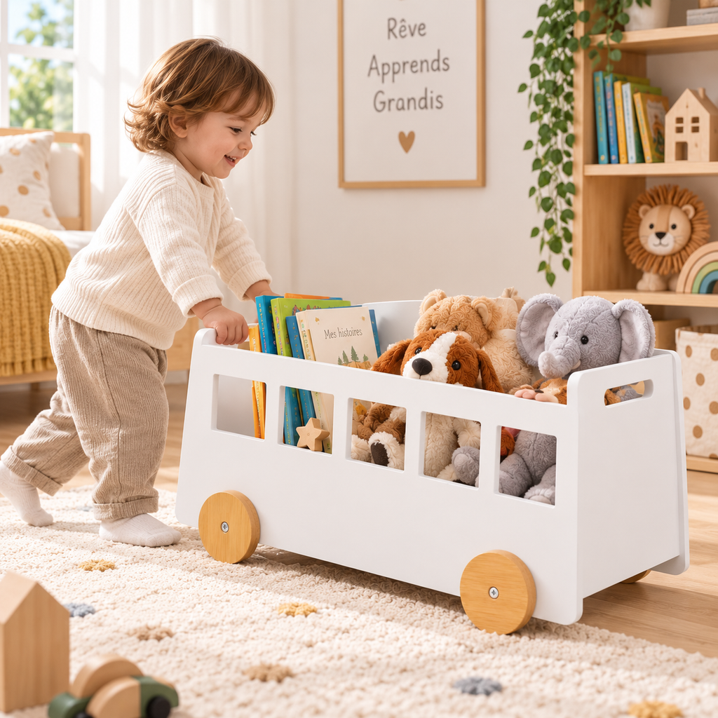 Enfant poussant un bac de rangement blanc à roulettes rempli de livres et peluches