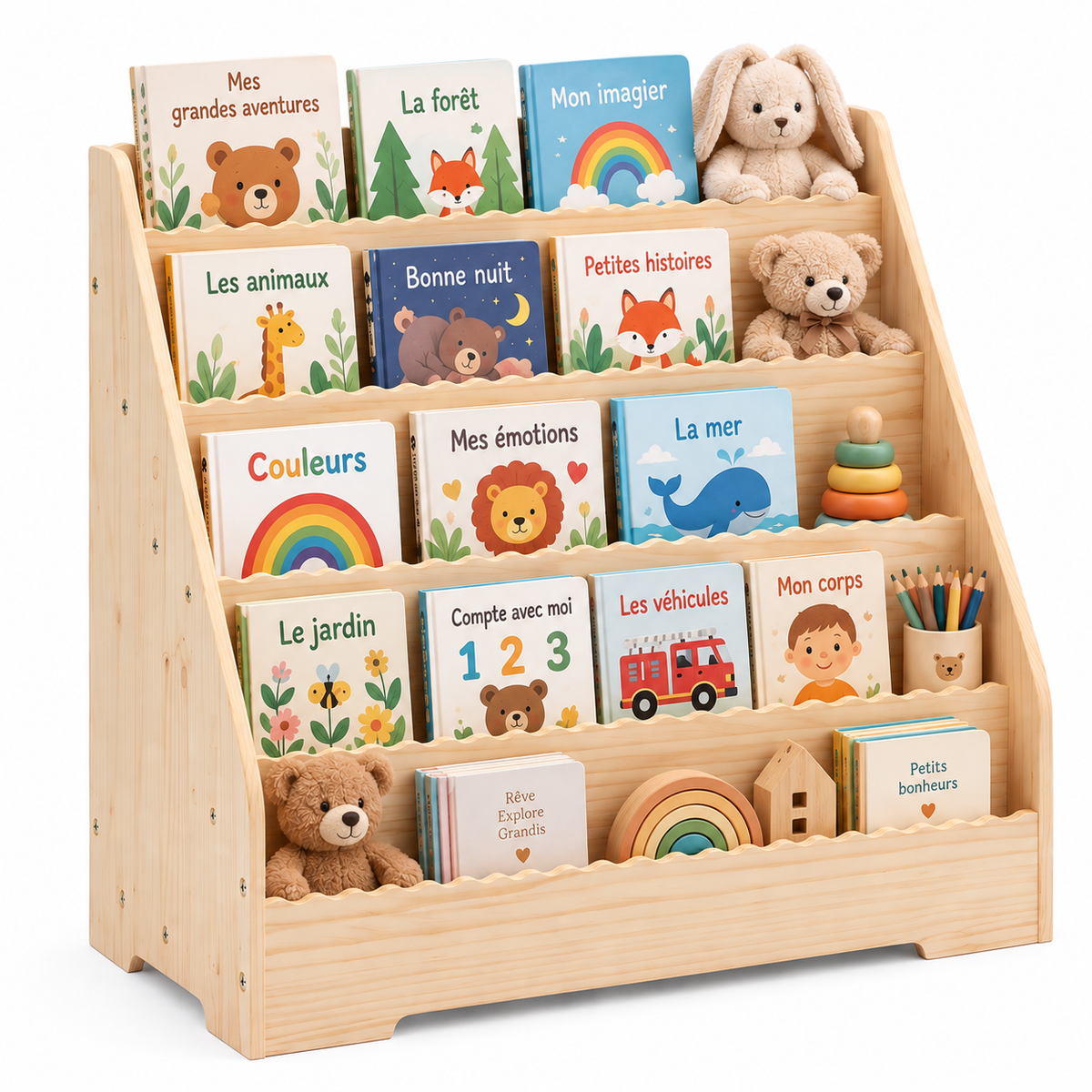 Bibliothèque enfant en bois naturel avec livres, peluches et accessoires sur fond blanc