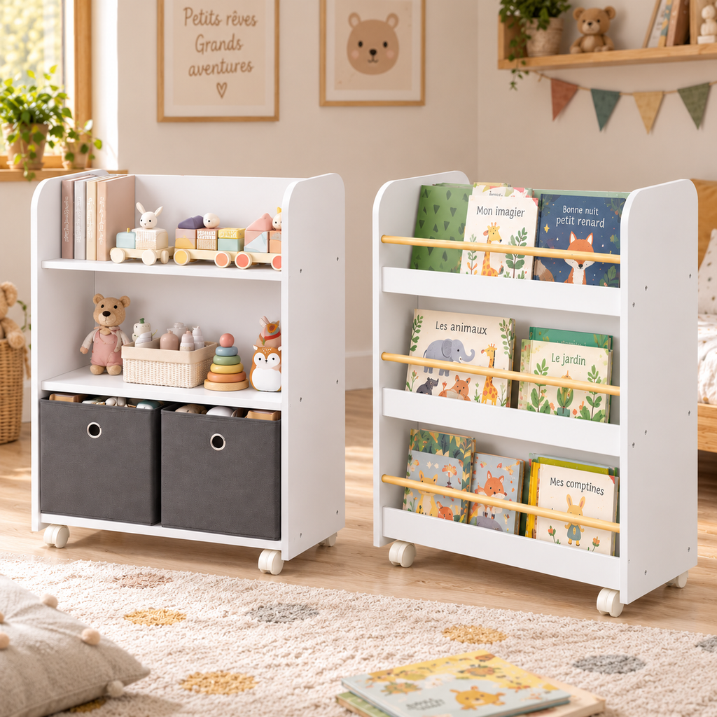 Bibliothèque enfant double face sur roulettes avec rangement pour livres et jouets dans une chambre d’enfant