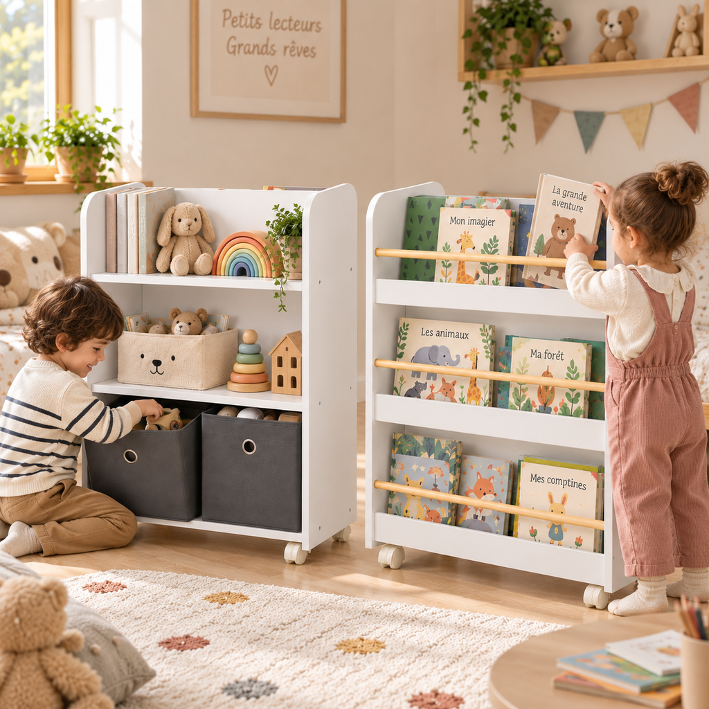 Deux enfants utilisant une bibliothèque double face sur roulettes pour ranger leurs livres et leurs jouets
