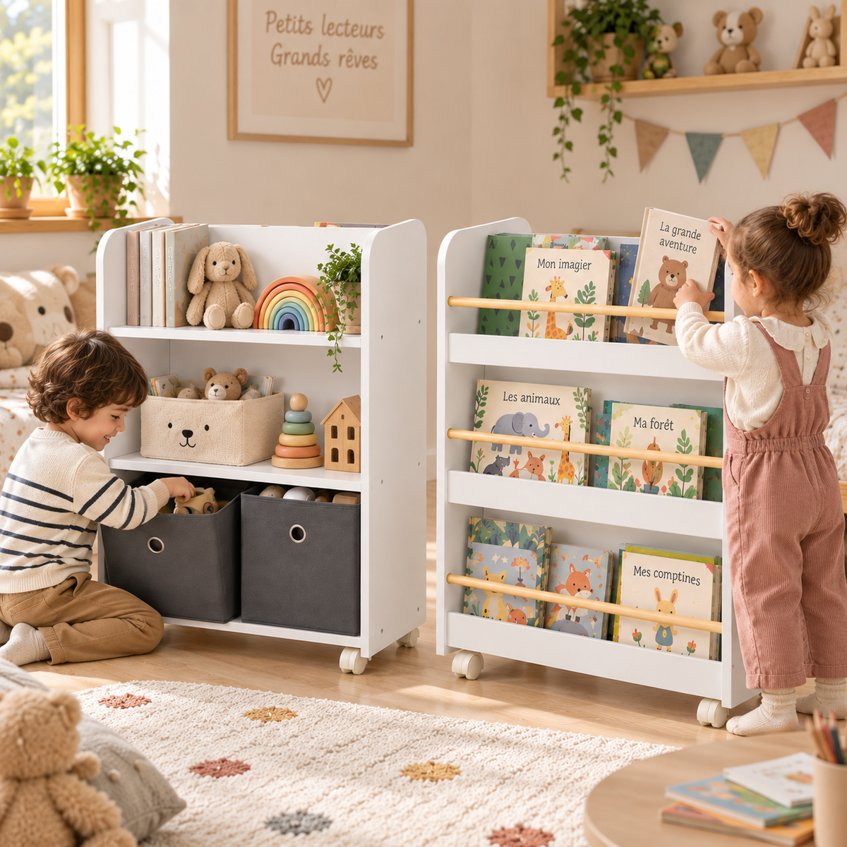 Deux enfants utilisant une bibliothèque double face sur roulettes pour ranger leurs livres et leurs jouets