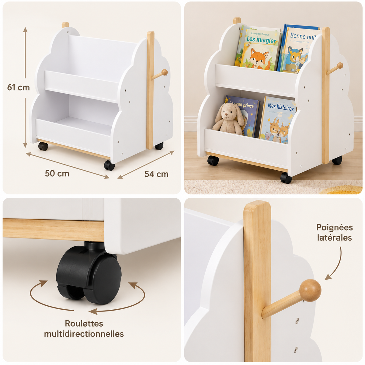 Bibliothèque enfant mobile avec dimensions, roulettes multidirectionnelles et poignées latérales