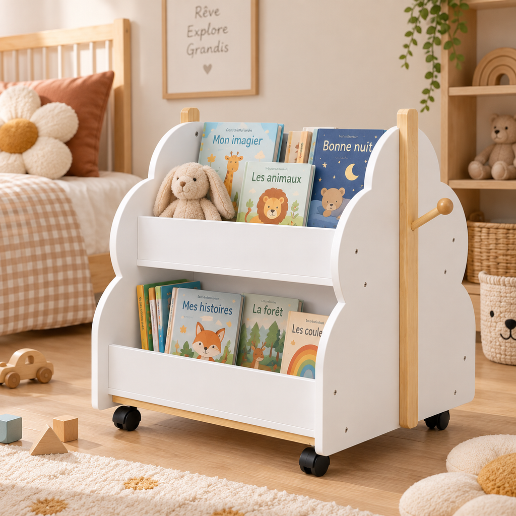 Bibliothèque enfant mobile blanche à roulettes dans une chambre avec livres