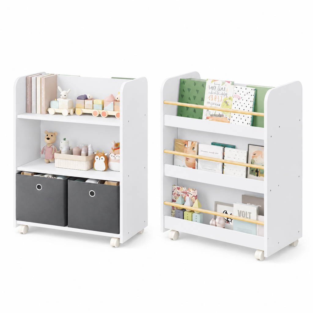 Bibliothèque enfant mobile double face avec trois niveaux pour livres, étagères de rangement et deux bacs en tissu