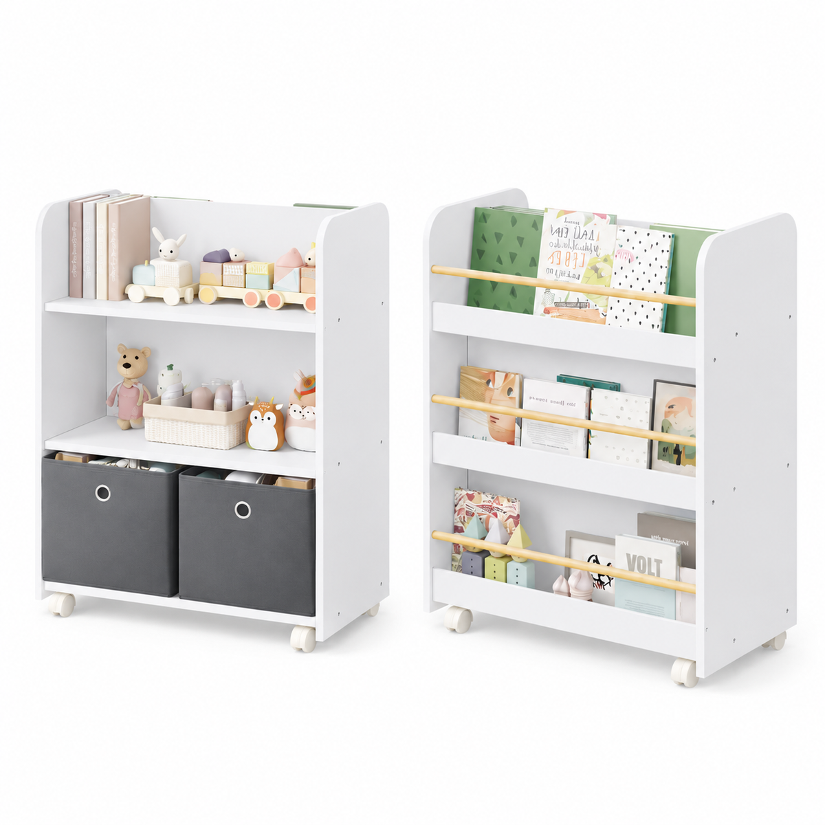 Bibliothèque enfant mobile double face avec trois niveaux pour livres, étagères de rangement et deux bacs en tissu