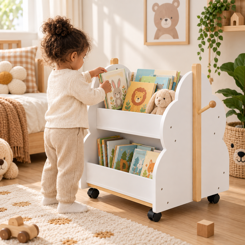 Enfant rangeant ses livres dans une bibliothèque mobile blanche à roulettes