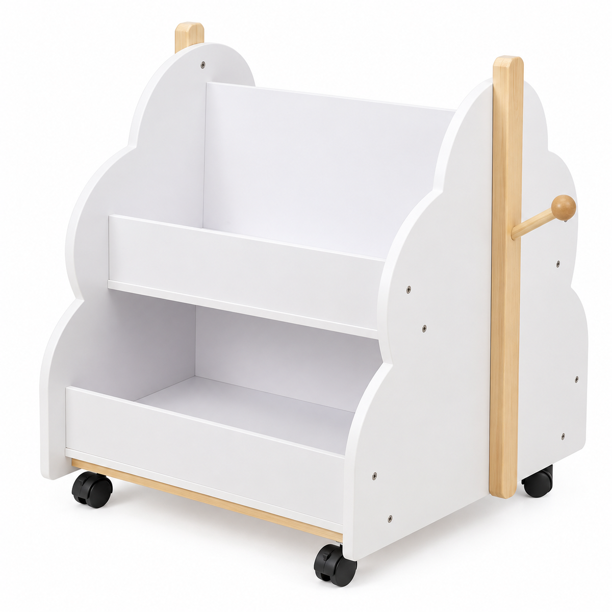 Bibliothèque enfant blanche à roulettes avec deux niveaux de rangement