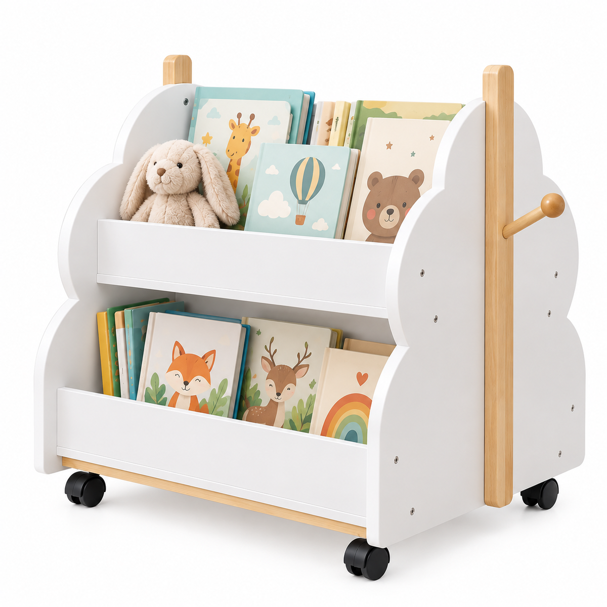 Bibliothèque enfant nuage blanche et bois naturel sur roulettes avec livres et peluche