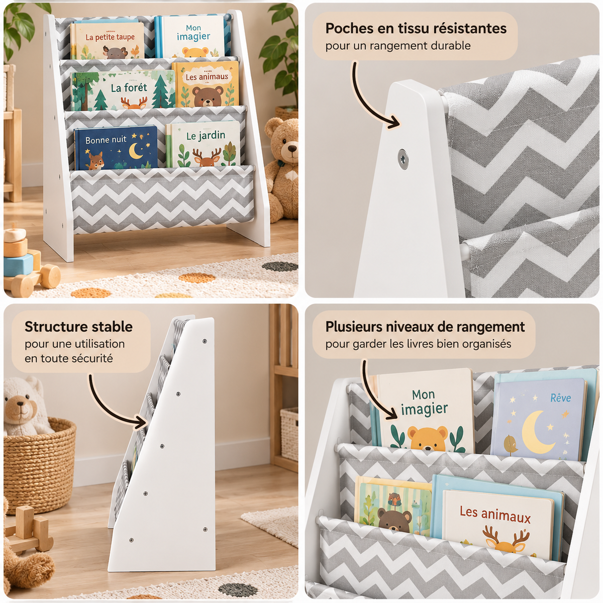 Caractéristiques de la bibliothèque enfant à quatre poches en tissu gris à chevrons avec structure blanche