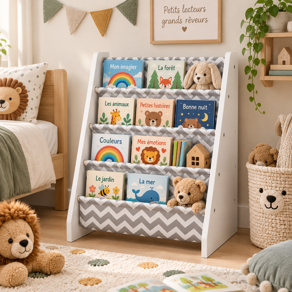 Bibliothèque enfant blanche à quatre poches en tissu gris avec livres et peluches dans une chambre d’enfant