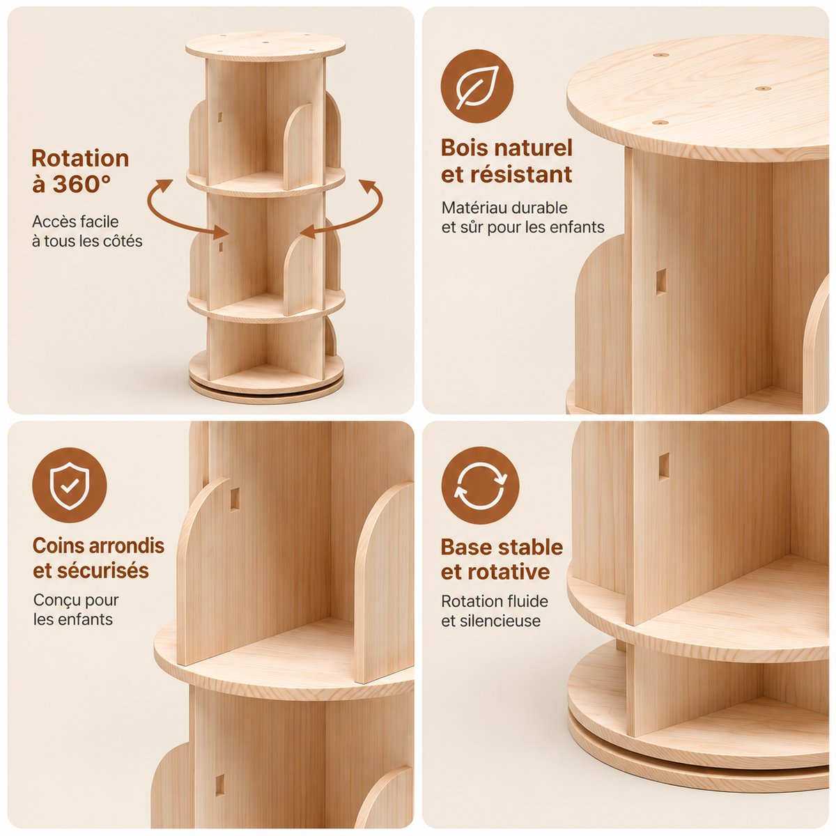 Bibliothèque enfant rotative en bois naturel à 3 niveaux avec présentation de ses principales caractéristiques