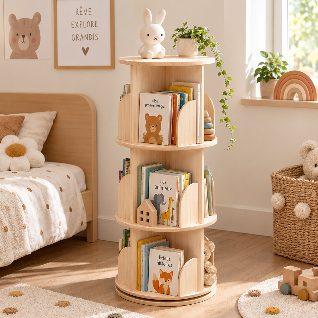 Bibliothèque enfant rotative en bois naturel à 3 niveaux installée dans une chambre d’enfant