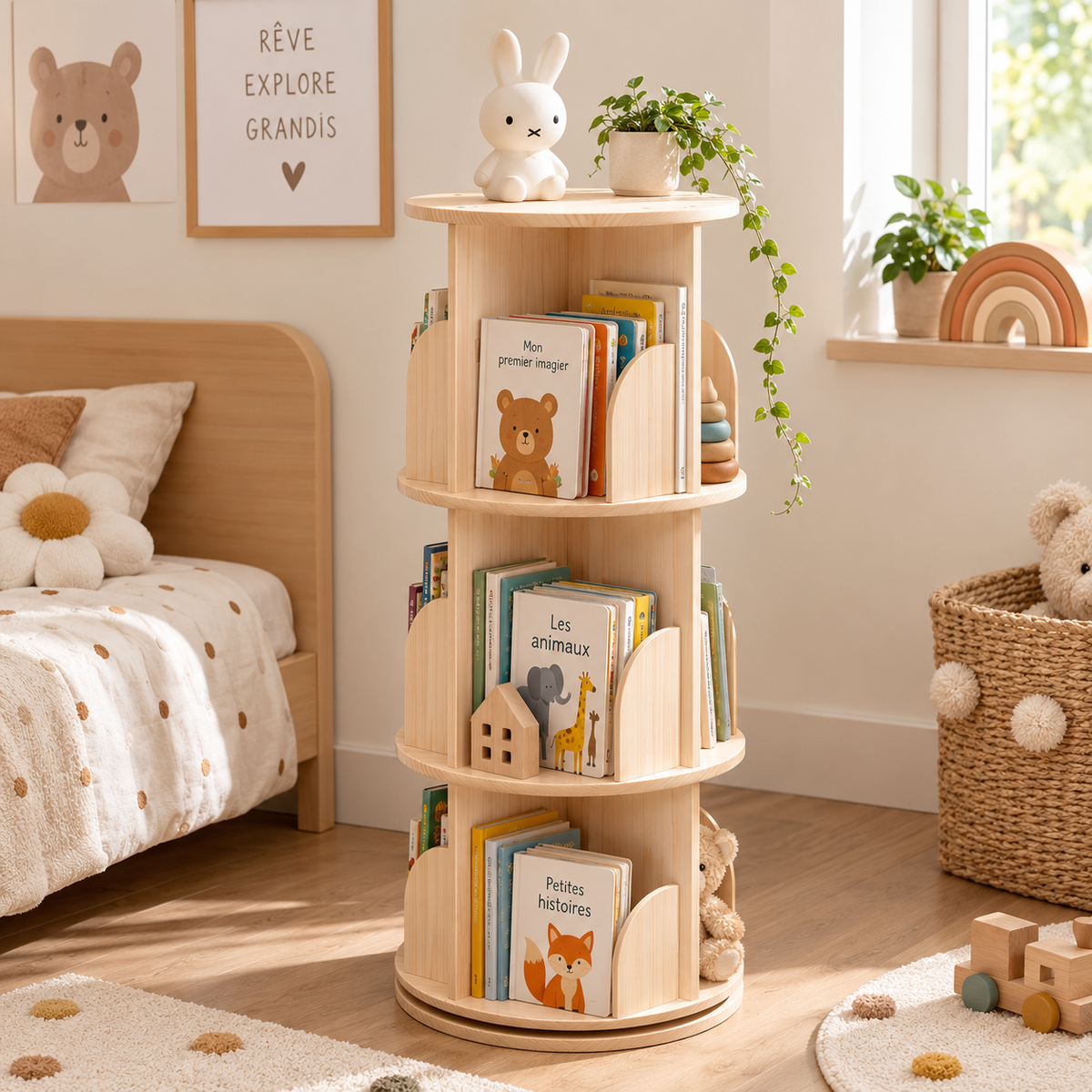 Bibliothèque enfant rotative en bois naturel à 3 niveaux installée dans une chambre d’enfant