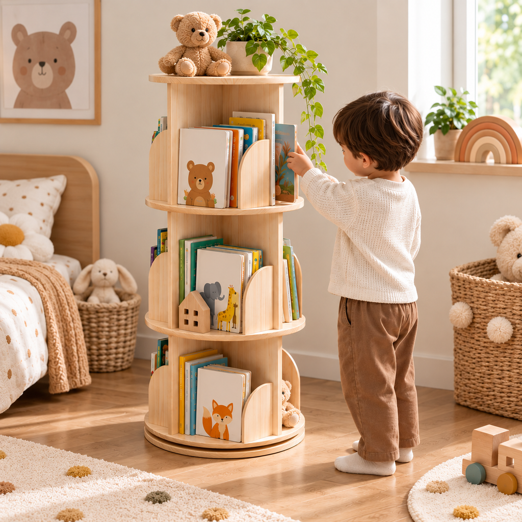 Enfant utilisant une bibliothèque rotative en bois naturel dans une chambre
